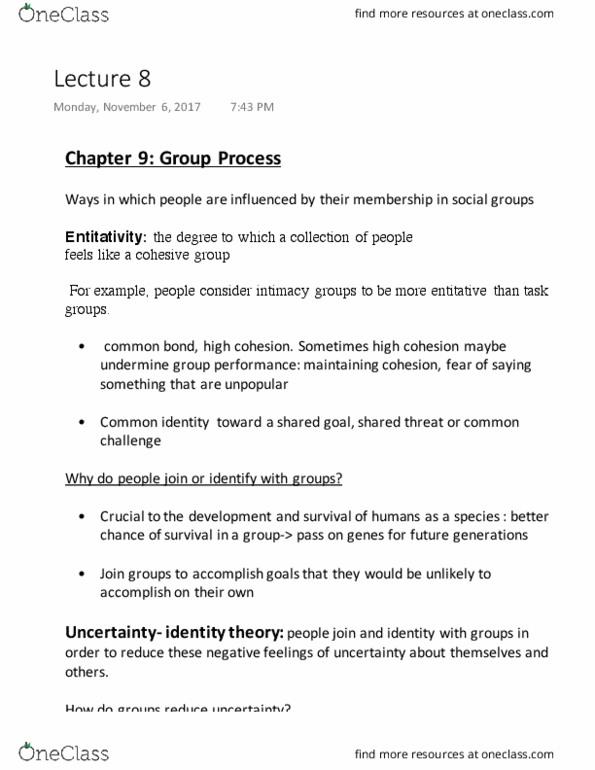 PSYC 2120 Chapter Notes - Chapter Ch 13: Groupthink, Group Polarization, Deindividuation thumbnail